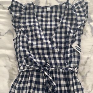 Women’s blue and white plaid midi dress w/ ruffle